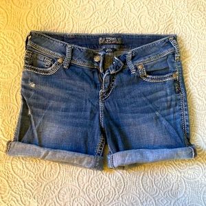 Silver Jeans Suki Distressed Jean Shorts with White Stitch Detail